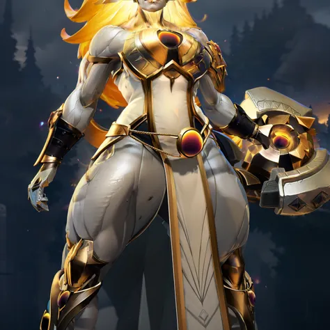 Dawnbreaker (Dota), glowing hair, yellow eyes, glowing eyes, colored skin, grey skin, 1girl, armor, blonde hair, glowing hair, long hair, fantasy goddess, glowing angelic being, curvy body, huge breasts, long robe, long dress, holy, breastplate, muscular, ...