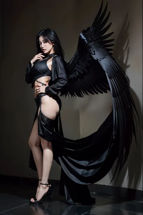 A Korean woman dressed in black，Fallen angels with wings，cabelos preto e longos，sexy big breasts exposed，Full-figured，high-heels，goth style，8K Ultra Clear，High saturation