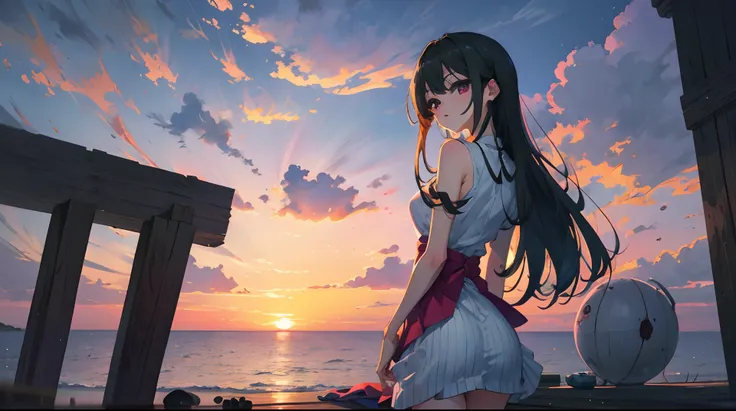 masterpiece, best quality, masturbation, thigh_sex, ojousama, real, sunset, day, gokkun, arms behind back , bare legs, breasts out, black eyes,