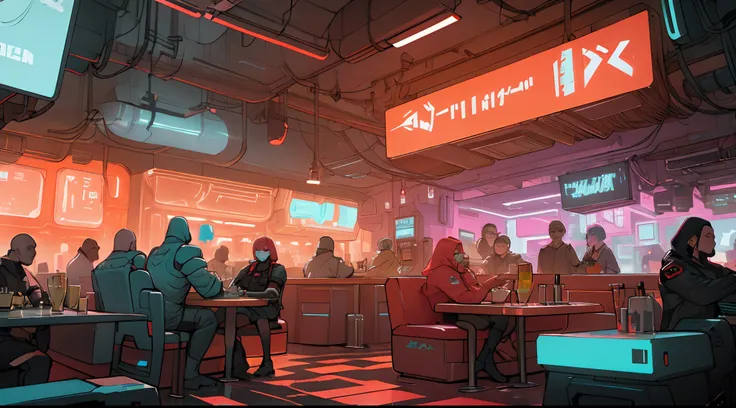 wide shot of a crowded cyberpunk, sci-fi diner, restaurant