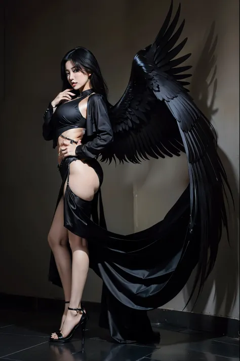 A Korean woman dressed in black，Fallen angels with wings，cabelos preto e longos，sexy big breasts exposed，Full-figured，high-heels，goth style，8K Ultra Clear，High saturation