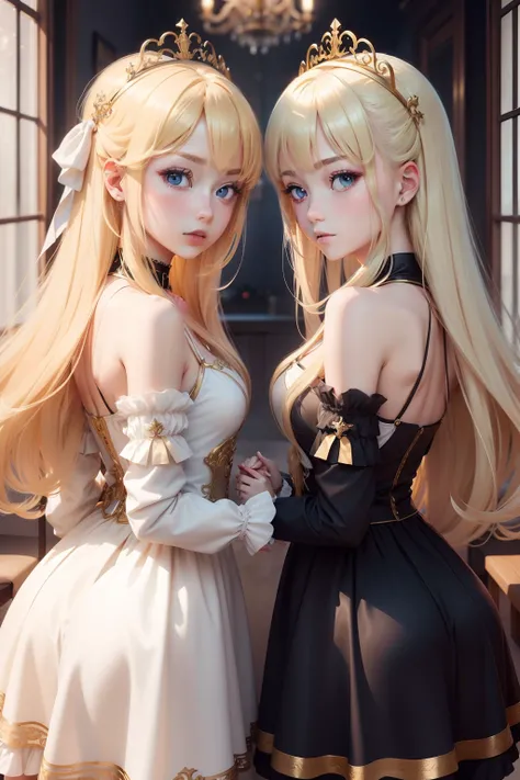 Anime style。４K、Nordic twin blonde sisters、top grade、20yr old、Both wore tiaras.　Beautiful fece、noble、Approachable。