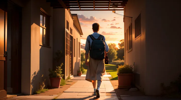 /imagine prompt: A young college student walks out of a rural courtyard, bathed in the sunset glow, carrying a backpack and walking forward with determined steps. The grandmother standing at the door watches him leave with a mixture of pride and reluctance...