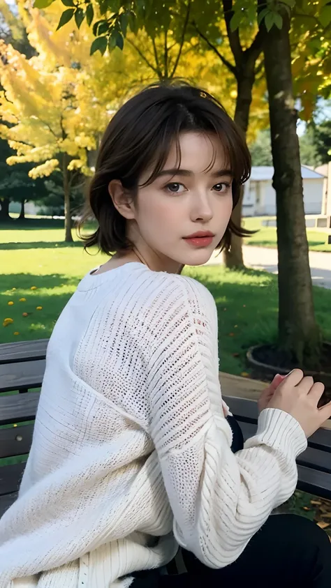 Beautiful and elegant French girl,Twenty-two years old, Actress Sophie Marceau，（This face looks like Sophie Marceau），Short golden-brown hair，A shallow smile,（Blue affectionate eyes）,（Very detailed and perfect facial depiction）,Sit sideways on a park bench，...