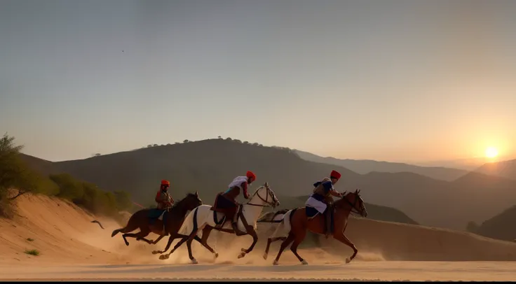 General Hari singh naluwa with his powerful army invading Jamraud fort, pathans running away in fear, sikhs holding triangular Nishan Sahibs . Sets in sikh empire era, sun setting down,