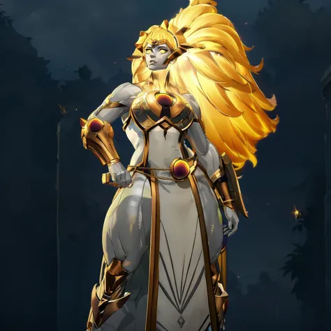 Dawnbreaker (Dota), glowing hair, yellow eyes, glowing eyes, colored skin, grey skin, 1girl, armor, blonde hair, glowing hair, long hair, fantasy goddess, glowing angelic being, curvy body, huge breasts, long robe, long dress, holy, breastplate, muscular, ...