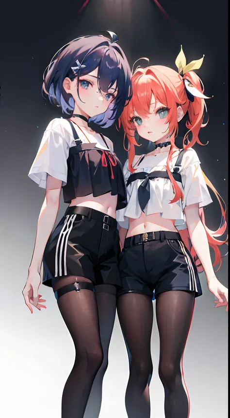 ,twins, Masterpiece,Best quality,offcial art,Extremely detailed Cg Unity 8K wallpaper, 2girls, cute female child, Yuri, hair adornments, Short shorts, Crop top, Pantyhose, ribbon_choker necklace, leg belt,