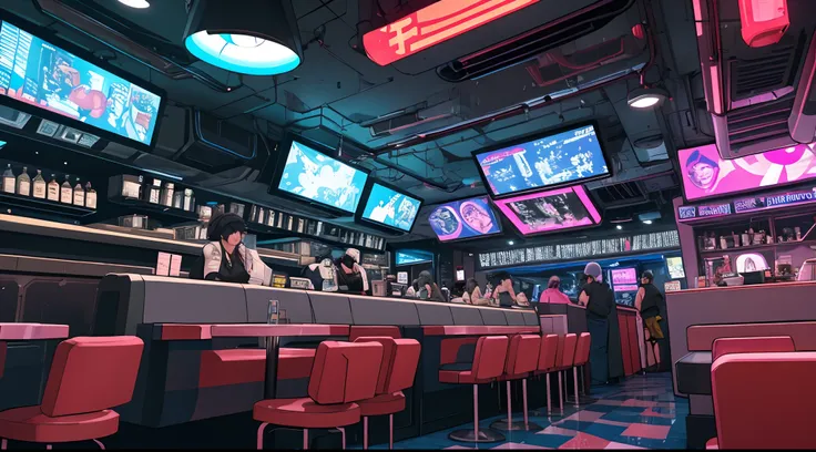 wide shot of a crowded cyberpunk, sci-fi diner, restaurant