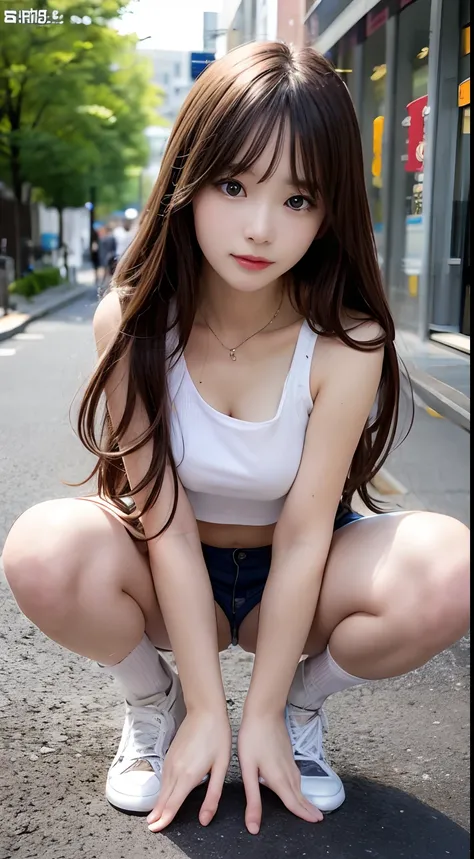 top-quality、超A high resolution、(Photorealsitic:1.4)、(ulzzang-6500:0.4)、Beautie、Korean Idols、21years old、length hair、light brown hair、Clean and wavy hairstyle、small tits、Very small breasts、Realistic eyes, slender narrow eyes、Beautiful eyes、A smile、croptop、T...