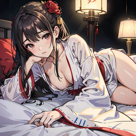 Moe girl，Raised sexy，Lying on a messy bed，perspired，Shy，Be red in the face，Bigchest，White yukata