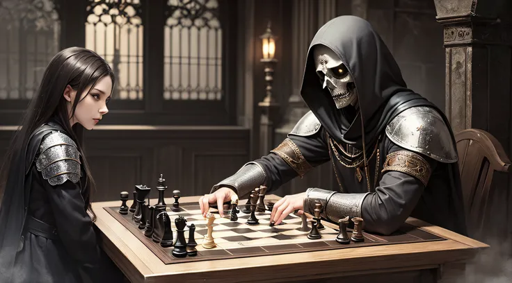 knight plays chess with death, dark fantasy, gothic atmosphere,  gloomy, death ripper