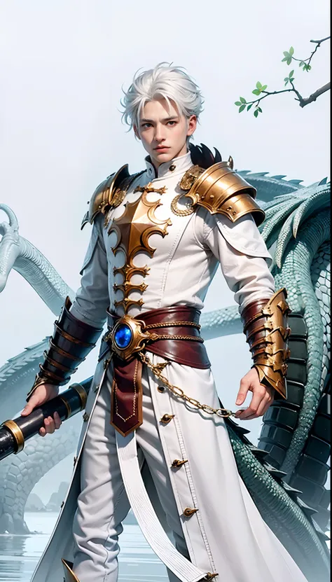 1boy,white hair, best quality, photo, 4k,looking at viewer,full body,(wear dragon armor,