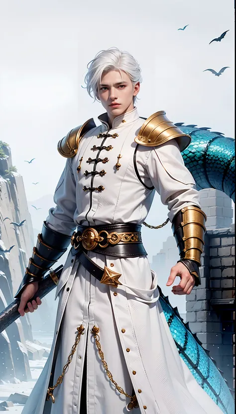 1boy,white hair, best quality, photo, 4k,looking at viewer,full body,(wear dragon armor,