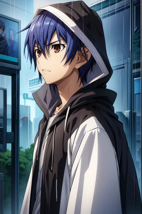 anime boy in hooded jacket standing in the rain, anime boy, realistic anime style,sad eyes, cigarette in mouth