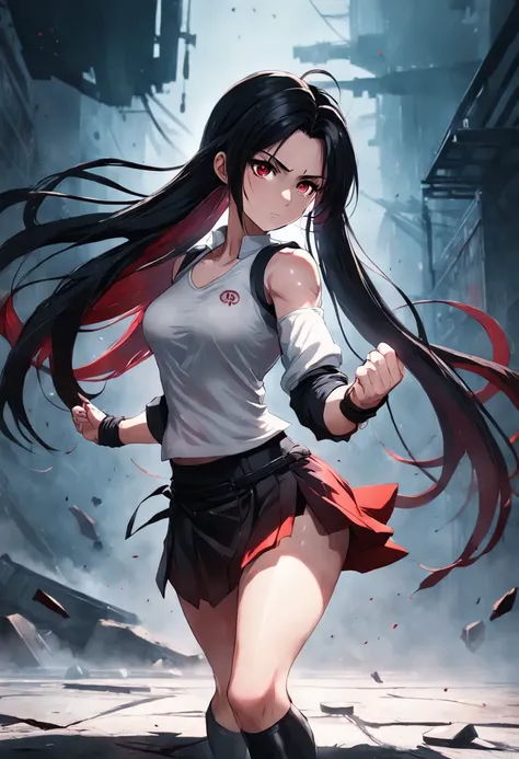 masterpiece,(Tifa Lockheart in a fighting stance),(adult woman:1.2),tall,(long dark hair tied at the bottom of the hair), crimson eyes,white shirt,black skirt,curvy body,thin waist,dystopian background