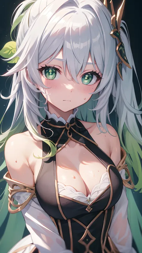 tmasterpiece，best qualtiy，Fine and detailed，A high resolution，Extremely Delicately Beautiful，（whaite hair），Close-up Shot Shot，（Green eyes），（Sweaty），Be red in the face，cleavage，Off-the-shoulder attire