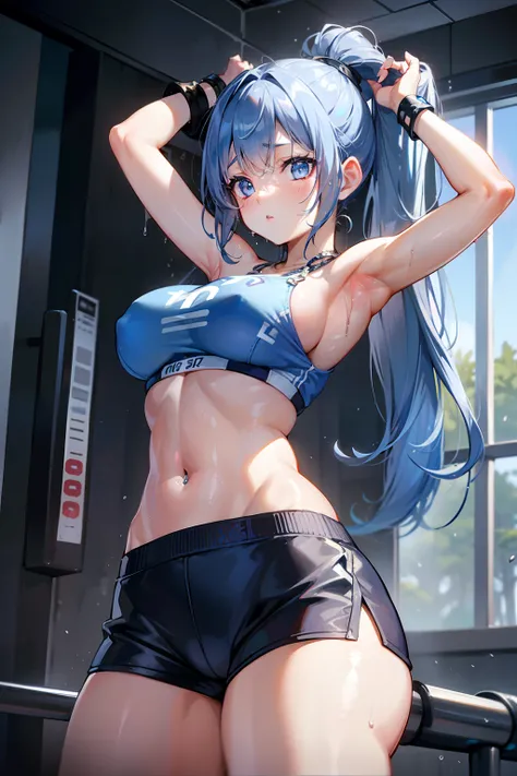 fitness gym、Wet and sheer fitness wear、Navel Ejection、armpit、is standing、poneyTail、blue hairs、Silver Necklace、wristbands、huge tit、perspiring、abdominals、belly button piercing