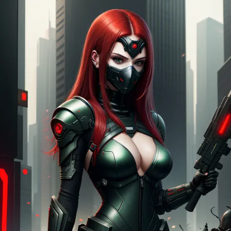 (best quality) (extra high definition) women hair red big tits with mask, dark style, black titanium armor green details, looking at you, weapon in hand, cyberpunk city