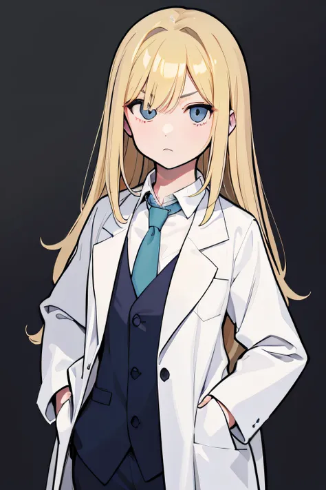 facing front、Standing Picture、simple background、Put your hands in your pockets、One Girl、sleepy、despairing、Hair color is#FAEBD7、Hakase(daily)、length hair、(hair wavy)、wearing lab coat、Wearing a light blue tie、Wearing a white shirt under a lab coat、10 generat...