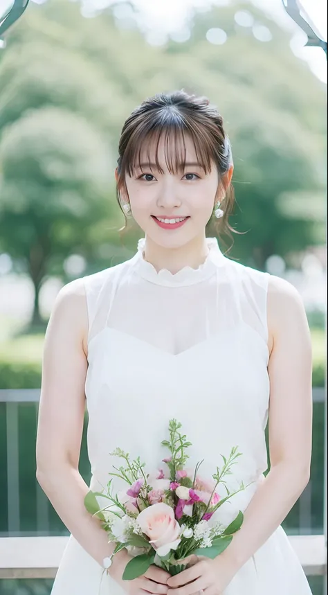 The highest image quality、超A high resolution、(真实感:1.4)、1girl in、delicate cute face、wedding dress,church in the background,holding one flower bouquet with both hands,full body Esbian,Make your bouquet gorgeous,