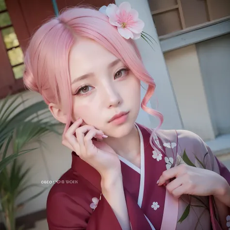 Sakura uchiha. A woman was in the yard. He wore a pink kimono. Just like the color kimonos. She had pink hair. Pale white skin. Her cheeks were rosy. And her lips are tantalizing red. She looks so graceful and realistic