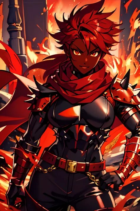 dark skin, red hair, orange dragon eyes, anime character with red cape and black outfit standing in front of a fire, female protagonist,  portrait of a female anime hero, badass anime 8 k, , armor girl, advanced digital anime art ”, portrait of female pala...