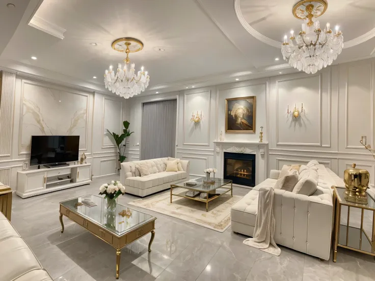 ，masterpiece, best quality，8k, ultra highres，The living room is like a mysterious and quiet forest，The entire wall is covered with huge transparent glass，Exudes a fairy-like glow。Giant crystal chandeliers hang from above，Like stars in the sky，Silver-white ...