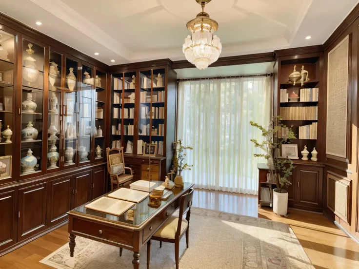 ，masterpiece, best quality，8k, ultra highres，The study is a temple of wisdom，Airy glass curtains bring in soft sunlight。The huge bookshelves are filled with precious ancient books and various literary works，Exudes the smell of books。The desk is neatly stoc...