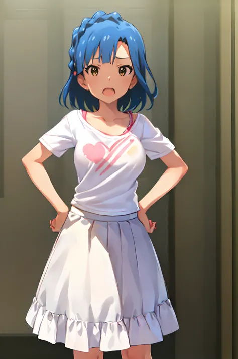 yuriko nanao (million live). Short stature. (((white t-shirts))).(((Skirt))).(((masterpiece))).(((best quality))).((Ultra-detailed))).(((illustratio))). (((put hands on the hip))).(((a room))).(((make a fist))).(((up chest))).Despair face.(((short-hair)))....