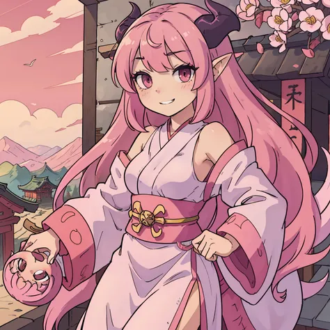 one girls、Very Long Pink Hair、evil grin、is standing、shrines、shrine maiden clothe、off shoulders、gals、There is a valley、Succubus wings and tail、small demonic horns、large full breasts、perfect bodies、