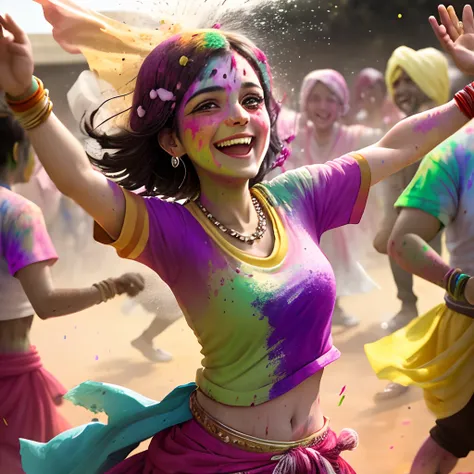 An image of individuals laughing and dancing as they playfully splash watercolors on each other during a Holi festival gathering, taken with a mirrorless camera and a standard lens, using dynamic action moments, and a jubilant festive atmosphere photograph...