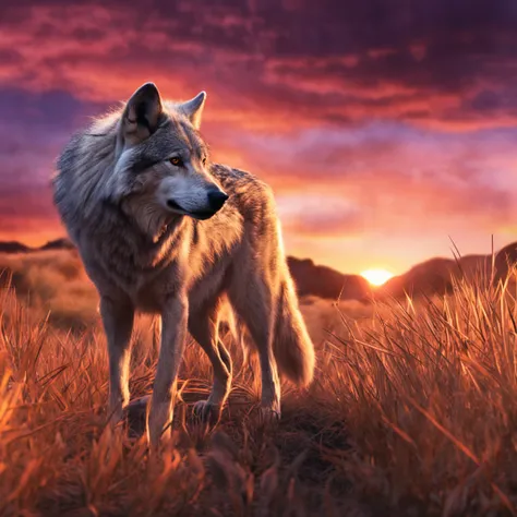 Lone wolf，grassy fields，the sunset