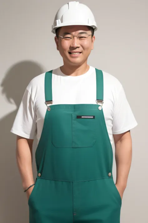 A middle-aged renovation worker，Asian men，Half-body professional ID photo，Plain gray background，well-illuminated，Wear green painted overalls，White hard hat，ssmile