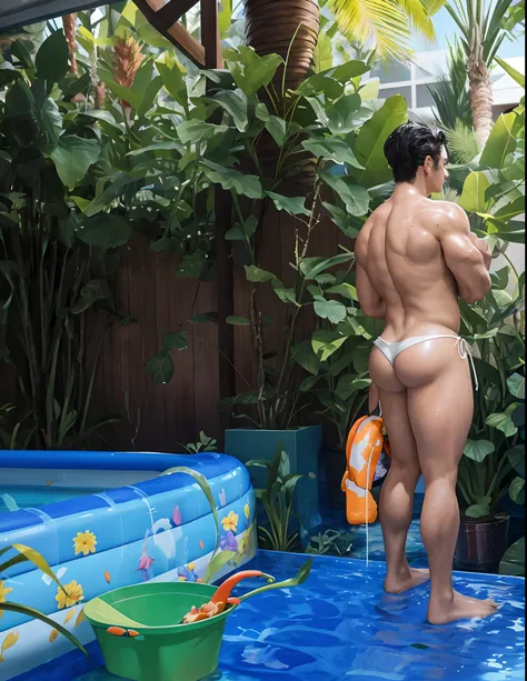 there is a man standing beside a pool showing his back, he is turning to the garden and showing his back to the viewer, wearing nothing, wearing tight Gstring squeezing his butts, mega muscles, wet shiny oiled skin, flawless white skin, big super mega roun...