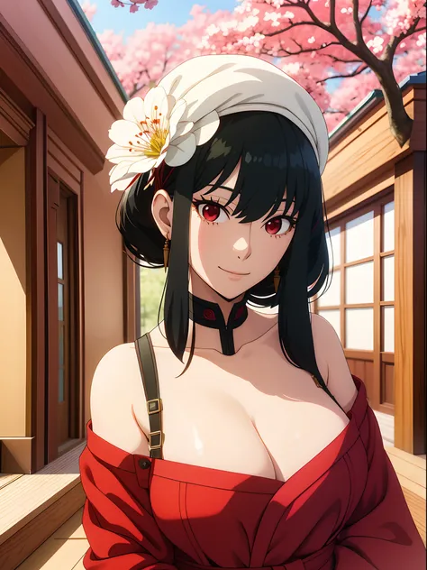 yor, Mature female,  bangs, side locks, Red eyes, Black hair, hair adornments, Huge breasts，sportrait, (face:1.2), schoolgirls, ssmile,bare shoulders​, Black hair, cherry blossom, cleavage, (Robe:1.21), 鎖骨, Willow Branch, (masterpiece best quality :1.2),