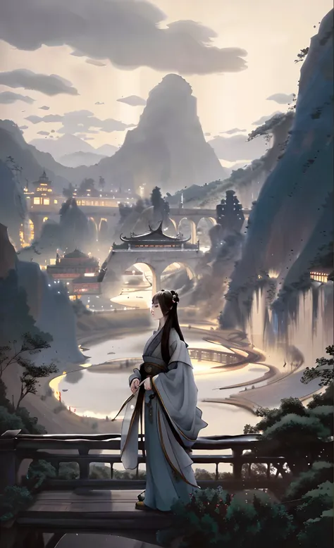 Painting a woman in a white dress standing on a bridge, ross tran. scenery background, beautiful concept art, by Raymond Han, author：Raphael Lacoste, Estilo de Raphael Lacoste, by Bayard Wu, Palace ， A girl in Hanfu, concept-art | feng zhu, Beautiful rende...