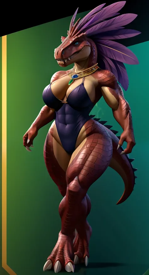 Anthropomorphic, furry, scaly, hybrid, woman, dinosaur, tyrannosaurus, black high cut leotard, black high leg leotard, sexy, curvy body, muscular body, thicc, claws, sharp teeth, fangs, tail, scales, hair, violet colored feather mane, fierce, busty, beauti...