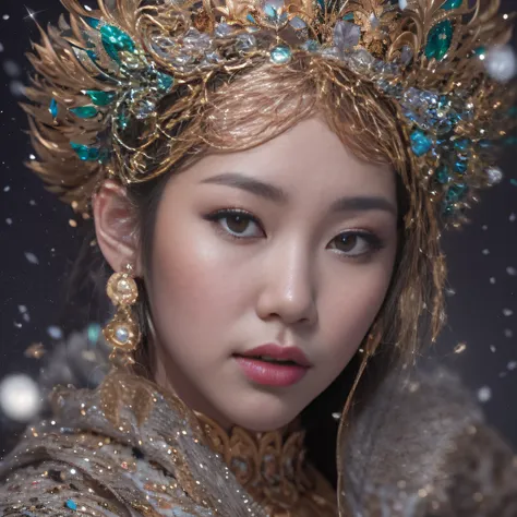 32K（tmasterpiece，k hd，hyper HD，32K）short detailed hair，Gold jewelry area in the back room，Flame Girl ，Yao Lang protector （realisticlying：1.4），Python pattern robe，Purple-pink tiara，Snowflakes fluttering，The background is pure，Hold your head high，Be proud，Th...