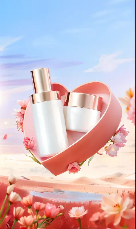 There is a pink heart-shaped box，There are two bottles of cream inside, shaxi, big breasts beautiful, The most beautiful, Skincare, bautiful, rose gold heart, immaculate complexion, Bottle, high quality topical render, cosmetics, beauty campaign, big breas...