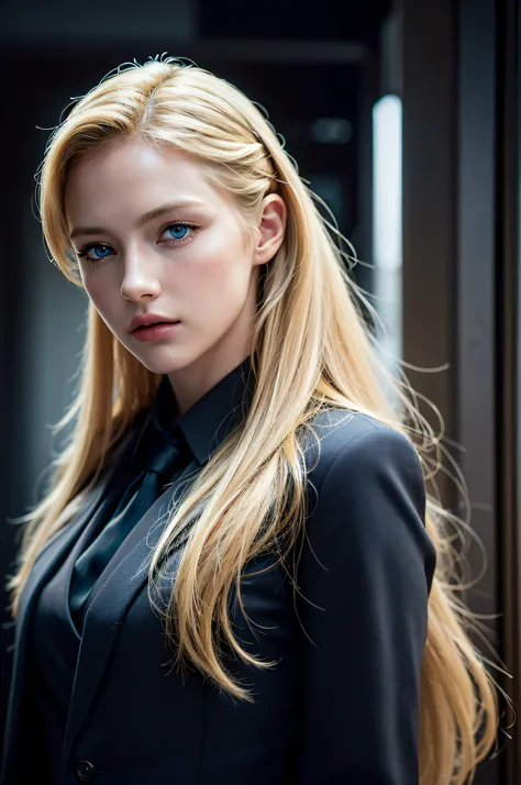 Best quality, masterpiece, ultra high res, (photorealistic:1.4), raw photo, 1girl, blonde hair, blue eyes, detailed eyes and face, black suit, dynamic lighting, in the dark, deep shadow, low key, cowboy shot full-lenght body