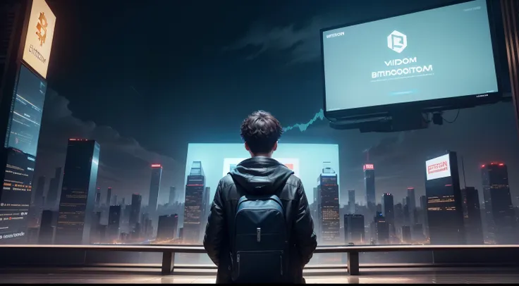 An opening scene of video advertisement with a  cityscape with digital billboards displaying cryptocurrency symbols and graphs of people looking at the board to see etherum, Bitcoin and other crypto stuffs