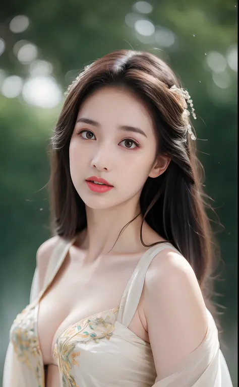 ((Best Quality, 8k, Masterpiece: 1.3)), Focus: 1.2, Perfect Body Beauty: 1.4, Buttocks: 1.2, ((Layered Haircut)), (Wet Clothes: 1.1), (Rain, Street:1.3), (Breasts: 1.2), (Hanfu: 1.2), Bare Shoulders, Bare Legs, Highly Detailed Face and Skin Texture, Fine E...