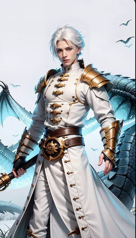 1boy,white hair, best quality, photo, 4k,looking at viewer,full body,(wear dragon armor,