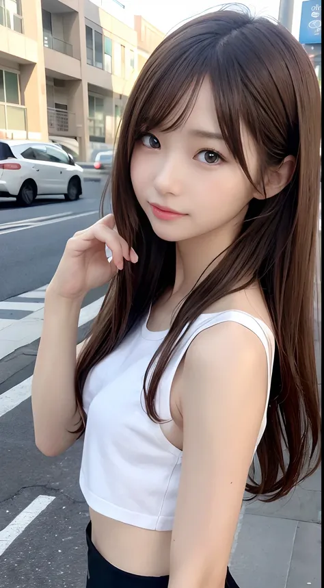 top-quality、超A high resolution、(Photorealsitic:1.4)、Beautie、Korean Idols、21years old、length hair、light brown hair、Clean and wavy hairstyle、small tits、Very small breasts、Realistic eyes, slender narrow eyes、Beautiful eyes、A smile、croptop、Tank Tops、Wear a see...