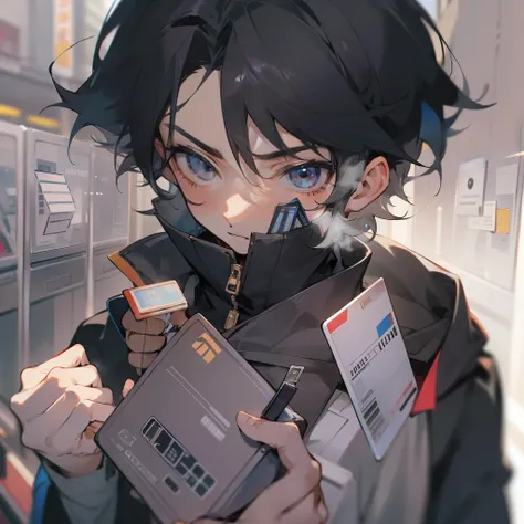 A boy with short black hair，Extend your right hand，Holding a bank card in his hand，The expression is cold，high and cold