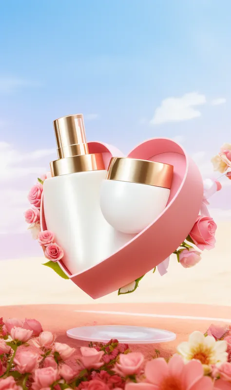 There is a pink heart-shaped box，There are two bottles of cream inside, shaxi, The most beautiful, big breasts beautiful, Skincare, bautiful, rose gold heart, immaculate complexion, Bottle, high quality topical render, cosmetics, beauty campaign, big breas...