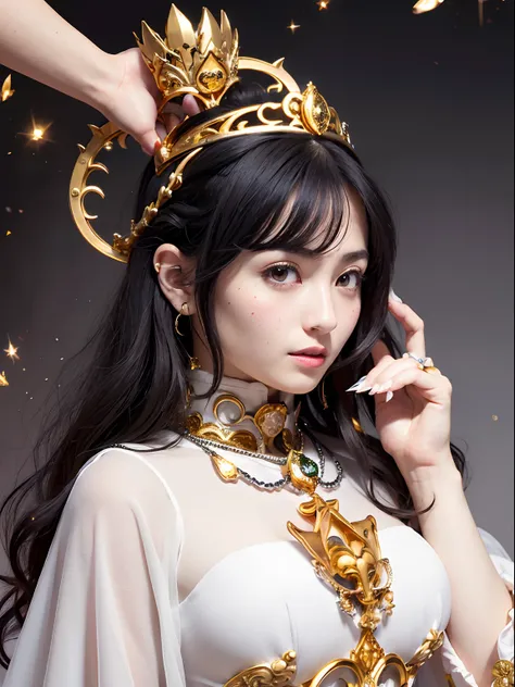 (masutepiece), Professional , ​masterpiece、top-quality、photos realistic , depth of fields （Gemstone Silver Metal Body:1.９),(Matte White、Jewel Gold Weapon（Jewel Metal Body:1.４),Gorgeous metal weapons ,（Swarm of goblins）、 Detailed Sword of the Brave , Beauti...