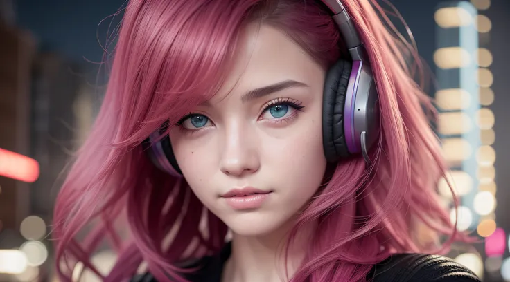 girl with headphones,hair color rainbow eyes red cyberpunk,8K extremely detailed, smooth, high resolution, ultra quality, highly detailed eyes, highly detailed mouth, highly detailed face brightness, iridescent, global lighting, real hair movement, real li...