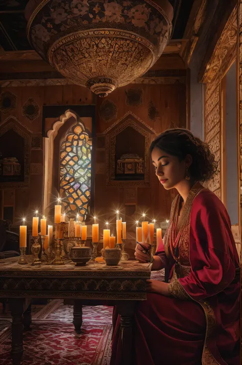 Hitting the windows in light rain, A dimly lit room appeared, Bask in the soft glow of countless candles. Their twinkling lights dance on ornate Moroccan tapestries and intricately carved wooden furniture, Create an old-world elegance and warm atmosphere.I...