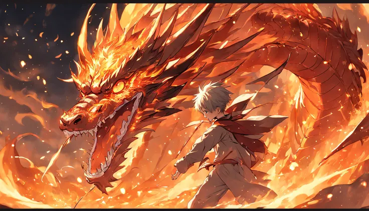 （Handsome boy riding a dragon），Holding a feather fan，Golden red fire dragon，ablaze with intensity，There was a fire in the air，Gunsmoke effect：1.5,Elongated dragon body，elevation，Faraway view，super detailing，best qualtiy，tmasterpiece，8K，Extremely detailed，E...